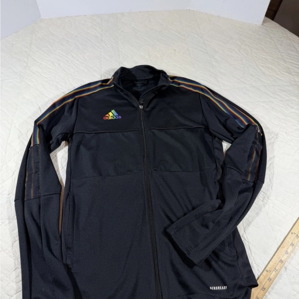 Adidas Men's Black Performance Jacket with Colorful Stripes